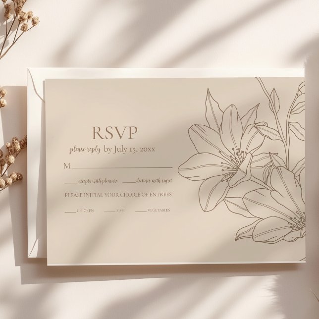 Elegante Moderne Beige Lineart Floral Wedding RSVP Karte (Von Creator hochgeladen)