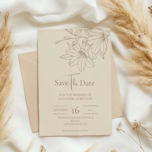 Elegante Moderne Beige Lineart Floral Wedding Save The Date (Von Creator hochgeladen)