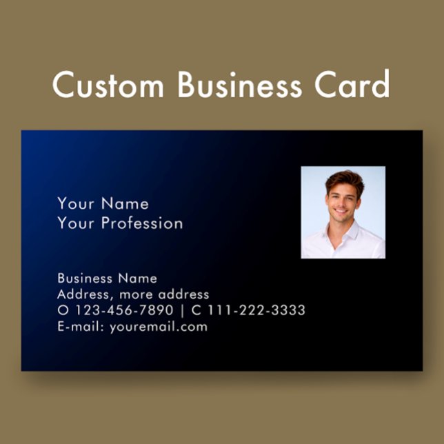 Elegante moderne benutzerdefinierte Foto-QR-Code B Visitenkarte (Personalize all the modern text. Add your photo to classy blue gradient professional business card.)