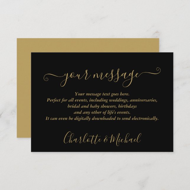 Elegante moderne Black and Gold Event Message Card Ankündigung (Vorne/Hinten)
