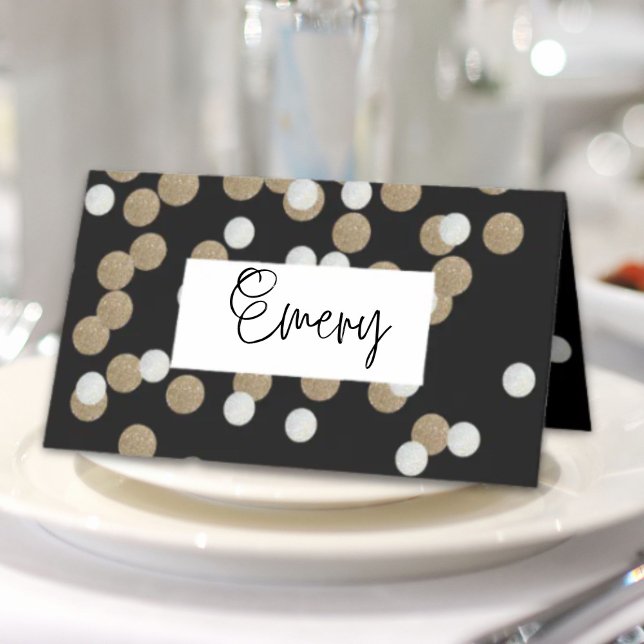 elegante, moderne Black Gold Confetti Platzkarte (elegant modern Black Gold Confetti Holiday Party Place Card)