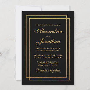 Elegante, moderne Black Gold Hochzeit Einladung
