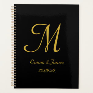 Elegante moderne Black Gold Monogram Script Hochze Planer