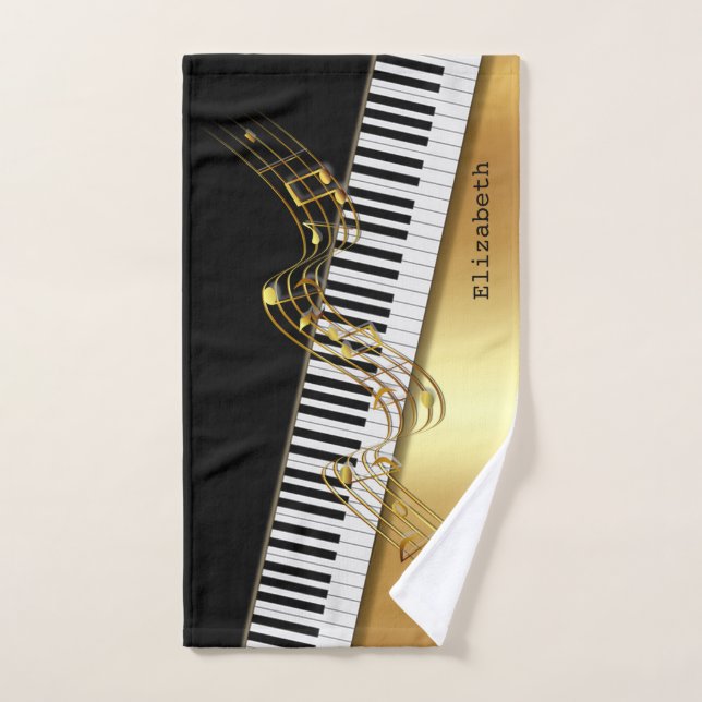 Elegante moderne Black Gold Musiknoten, Piano Keys Badhandtuch Set (Handtuch)