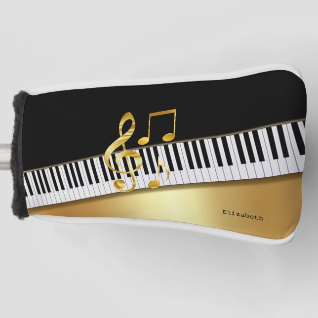 Elegante moderne Black Gold Musiknoten, Piano Keys Golf Headcover (Vorderseite)