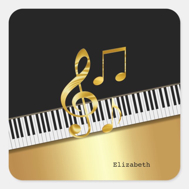 Elegante moderne Black Gold Musiknoten, Piano Keys Quadratischer Aufkleber (Vorderseite)