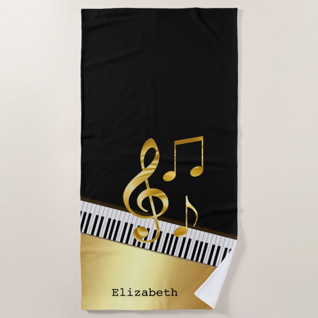 Elegante moderne Black Gold Musiknoten, Piano Keys Strandtuch (Vorderseite)