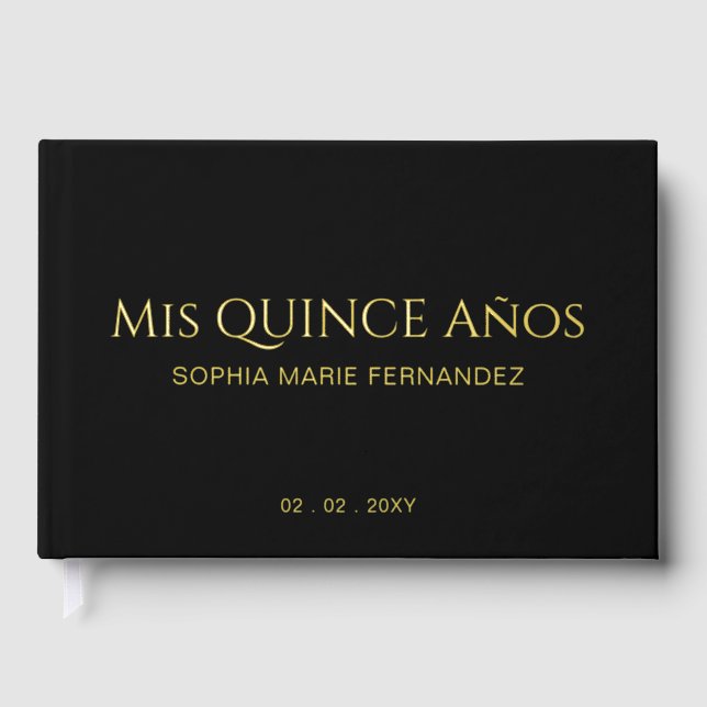 Elegante Moderne Black Gold Quinceñera Gästebuch (Vorderseite)