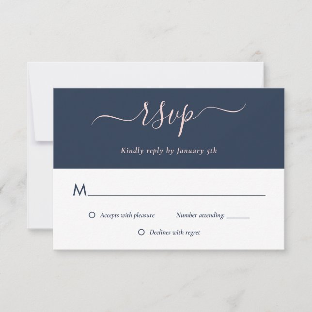 Elegante, moderne, blaue Blush-Hochzeitskarten RSVP Karte (Vorderseite)