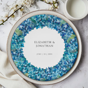 Elegante moderne blaue Hortensien-Blumenhochzeit Pappteller