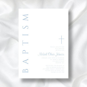Elegante moderne blaue Schrift Kreuz Jungen-Taufe Einladung