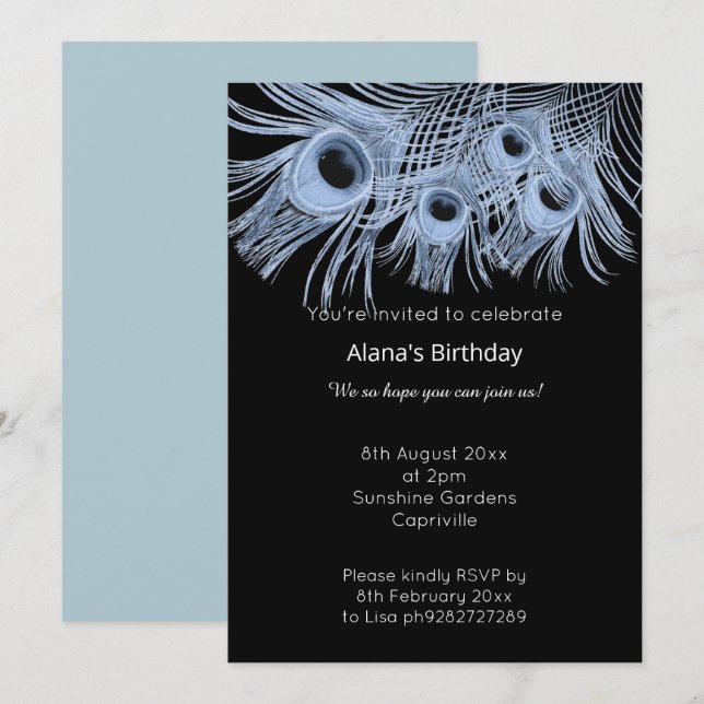 ELEGANTE MODERNE BLUE BLACK PEACOCK FEATHERS EINLADUNG (Vorne/Hinten)
