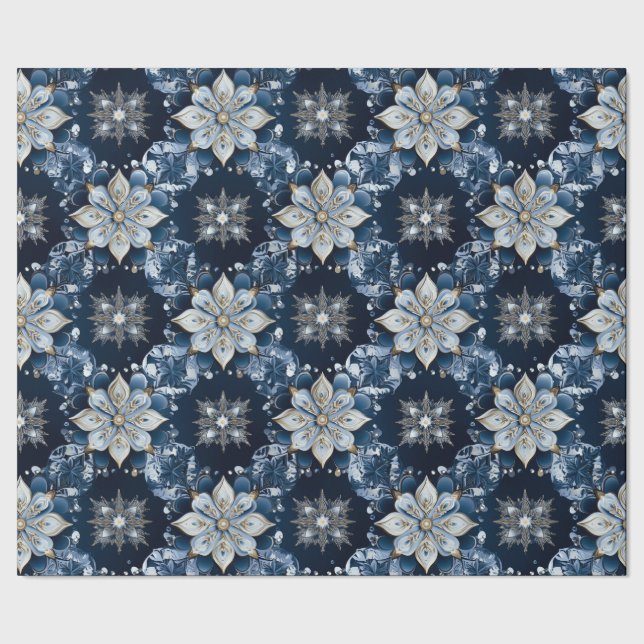 Elegante moderne Blue Jeweled Snowflakes Geschenkpapier (Saum)