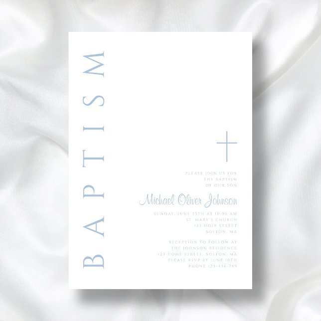 Elegante moderne Blue Script Cross Boy Taufe Einladung (Elegant Modern Blue Script Cross Boy Baptism Invitation)