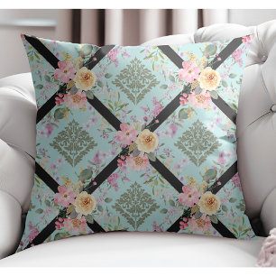 Elegante Moderne Blume und BlumenDamaskus Blau Kissen