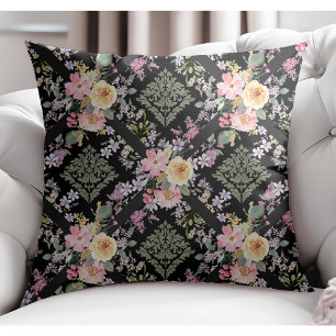 Elegante moderne Blume und florale Damask Black Kissen
