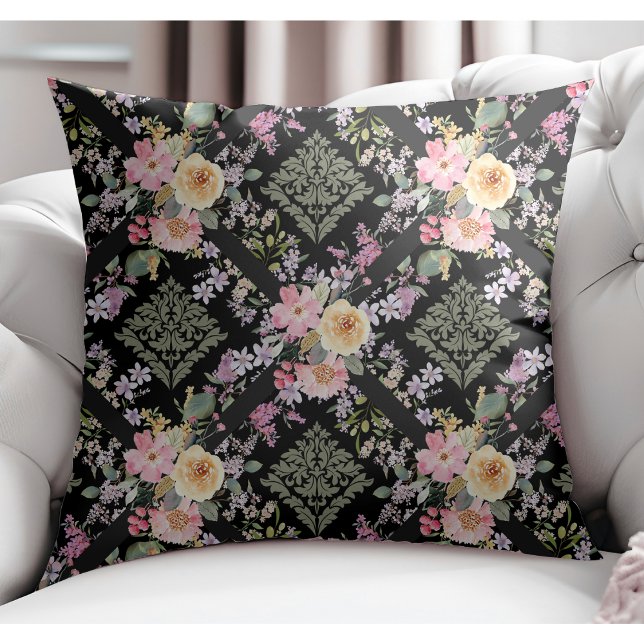 Elegante moderne Blume und florale Damask Black Kissen (Von Creator hochgeladen)