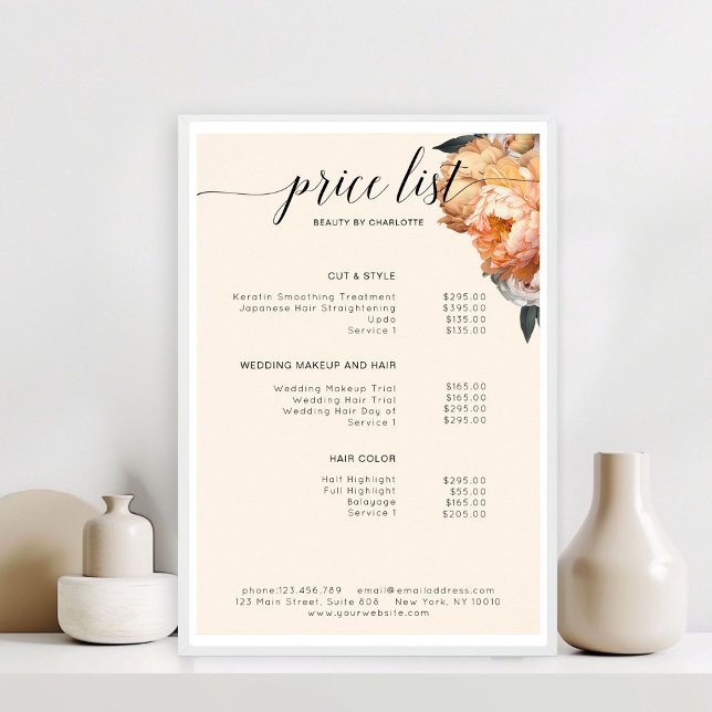 Elegante, moderne, blumengeschmückte Preisliste Poster (Elegant, Modern, Floral Peony Price List )