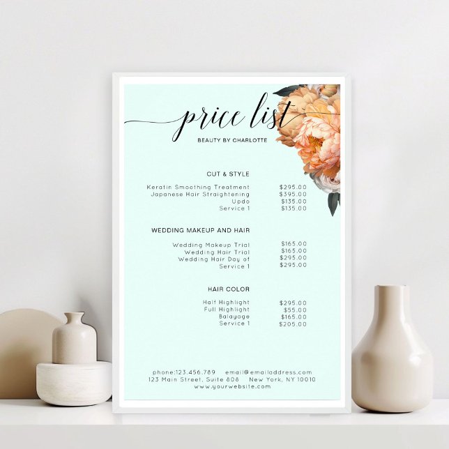 Elegante, moderne, blumengeschmückte Preisliste Poster (Elegant, Modern, Floral Peony Price List )