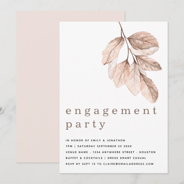 Elegante, moderne Blush Blätter Engagement Party Einladung (Vorne/Hinten)