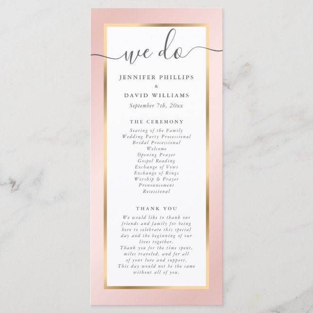Elegante Moderne Blush Pink und Gold Hochzeit Programm (Vorderseite)