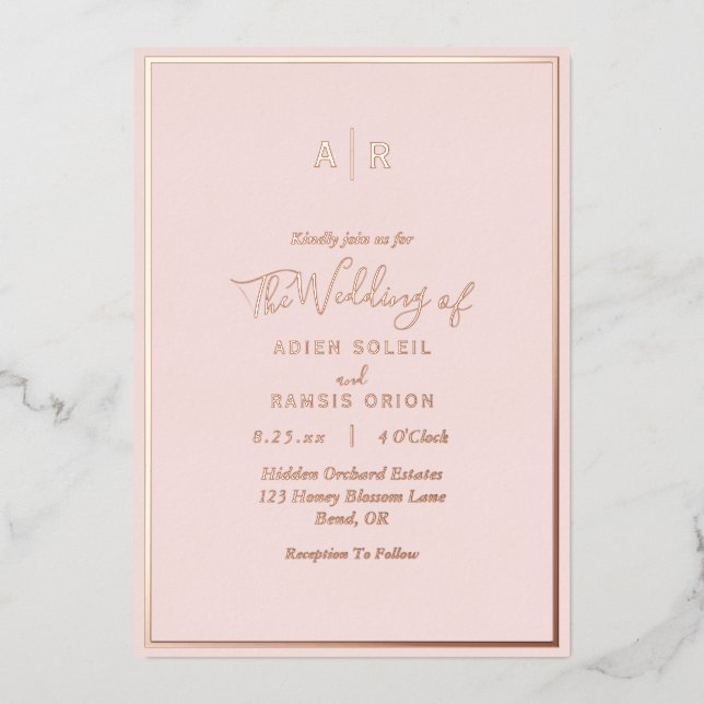 Elegante Moderne Blush Rose Gold Monogram Wedding Folieneinladung (Vorderseite)