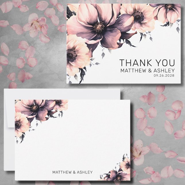 Elegante Moderne Boho Pink Blumenhochzeit Dankeskarte (Elegant Modern Boho Pink Black Floral Wedding Thank You Card)
