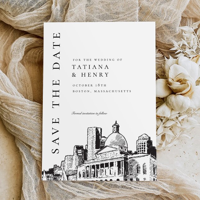 Elegante moderne Boston Sketch Wedding rettet das  Einladung (Von Creator hochgeladen)