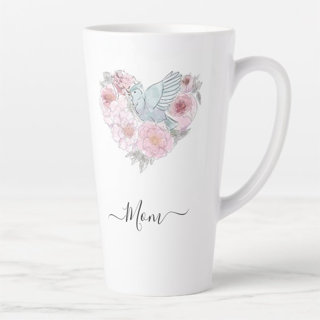 Elegante moderne botanische Blume Grünes Rosa Herz Milchtasse (Rechts)