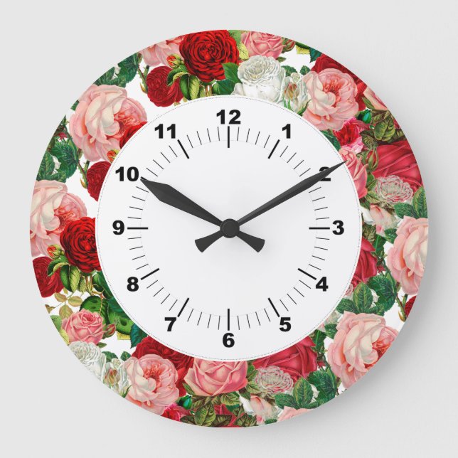 Elegante moderne botanische Grüne Rote Blume Große Wanduhr (Vorderseite)