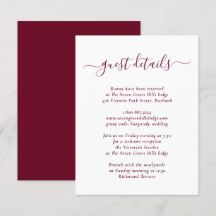 Elegante, moderne Burgund-Hochzeitdetails Begleitkarte