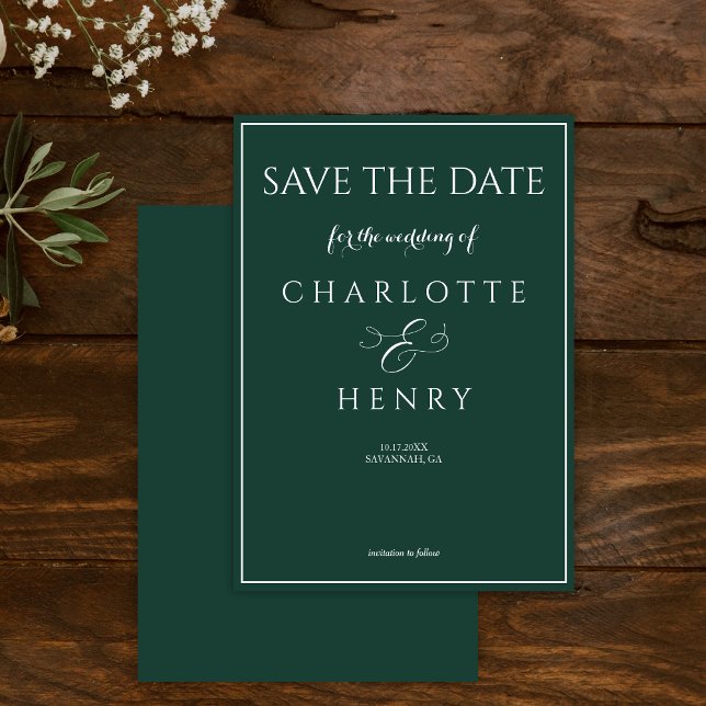 Elegante moderne Callighraphy Script Emerald Green Save The Date (Von Creator hochgeladen)