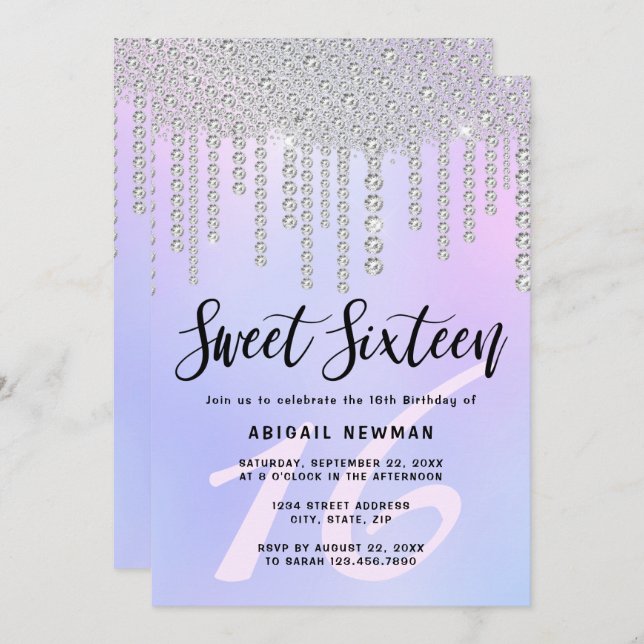 Elegante moderne Chick Diamond Tropfen 16 . Geburt Einladung (Vorne/Hinten)