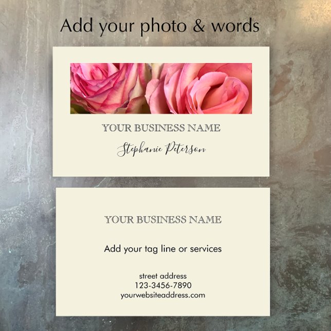 Elegante moderne Creme benutzerdefinierte Blumen-F Visitenkarte (Add your own photo and business contact details. This custom cream simple elegant business card.
)