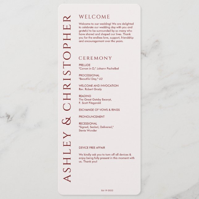 Elegante Moderne Crimson Red Wedding Programm (Vorderseite)