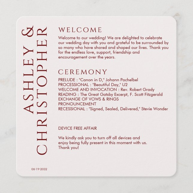Elegante Moderne Crimson Red Wedding Programm (Vorderseite)