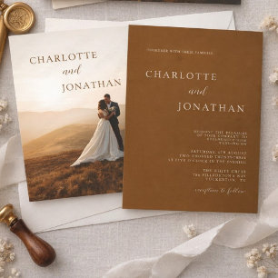 Elegante moderne dunkle kupferbraune Foto-Hochzeit Einladung
