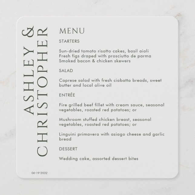 Elegante Moderne Dunkle Moss Grüne Hochzeit Menükarte (Vorderseite)