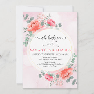 Elegante Moderne Dusche in Rosa Aquarell Babydusch Einladung