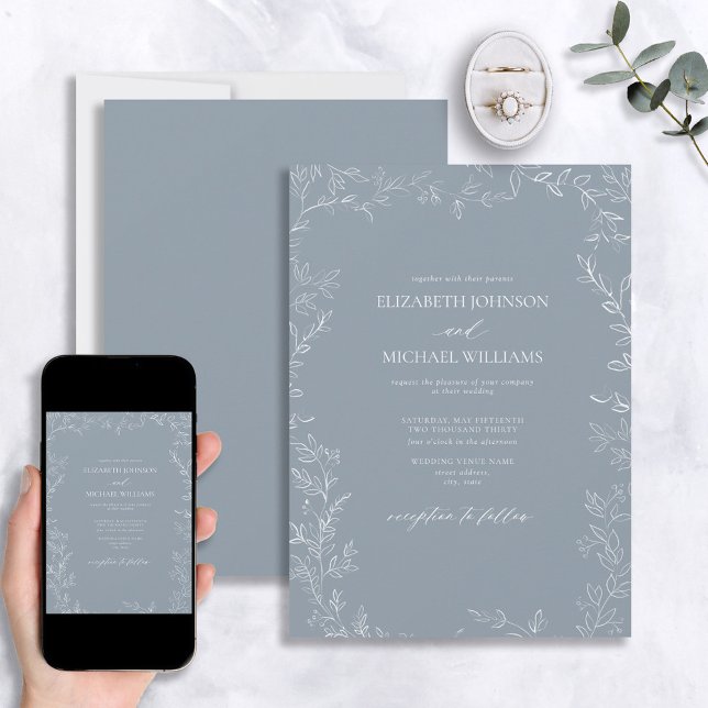 Elegante Moderne Dusty Blue Minimal Leaf Wedding Einladung (Von Creator hochgeladen)