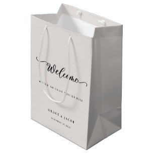 Elegante moderne elfenbeinfarbene Hochzeits-Willko Mittlere Geschenktüte