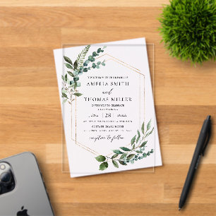 Elegante Moderne Eukalyptus Grüne Goldene Hochzeit Acryleinladungen