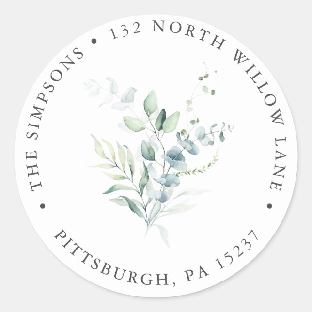Elegante moderne Eukalyptus-Rücksendeadresse Runder Aufkleber (Vorderseite)