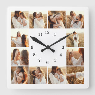 Elegante moderne Familie 12 Fotocollage Keepake Quadratische Wanduhr