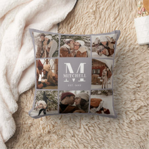 Elegante moderne Familien-Fotocollage   Monogramm Kissen