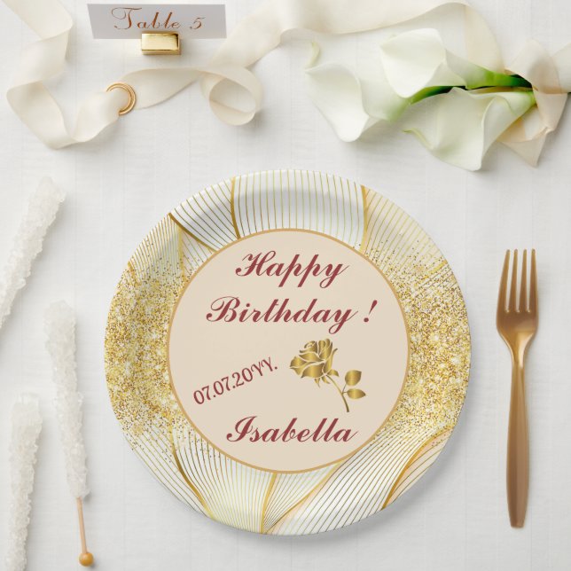 Elegante, moderne Floral Gold White Line Kollektio Pappteller (Hochzeit)
