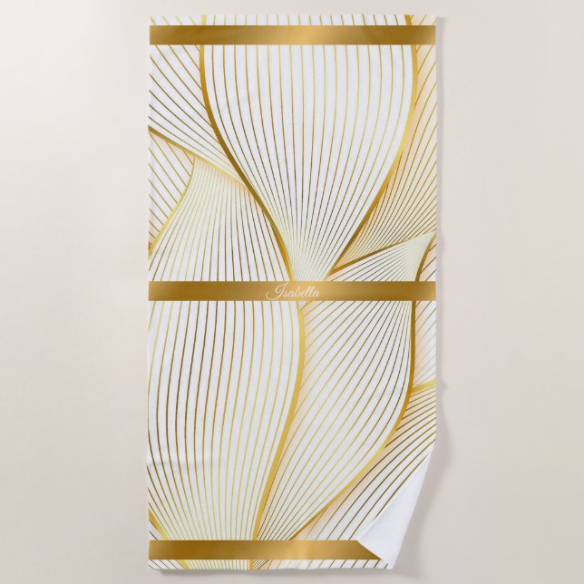 Elegante, moderne Floral Gold White Line Kollektio Strandtuch (Vorderseite)