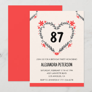 Elegante moderne Floral Heart zum 87. Geburtstag f Einladung