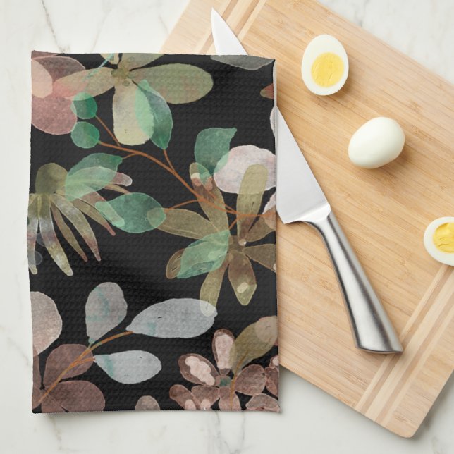 Elegante Moderne, florale Wasserfarbe Schwarz Geschirrtuch (Viertel Falte)