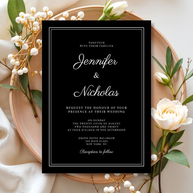 Elegante moderne formale Schwarze Schrift Hochzeit Einladung (Elegant Modern Formal Black Script Wedding Invitation)